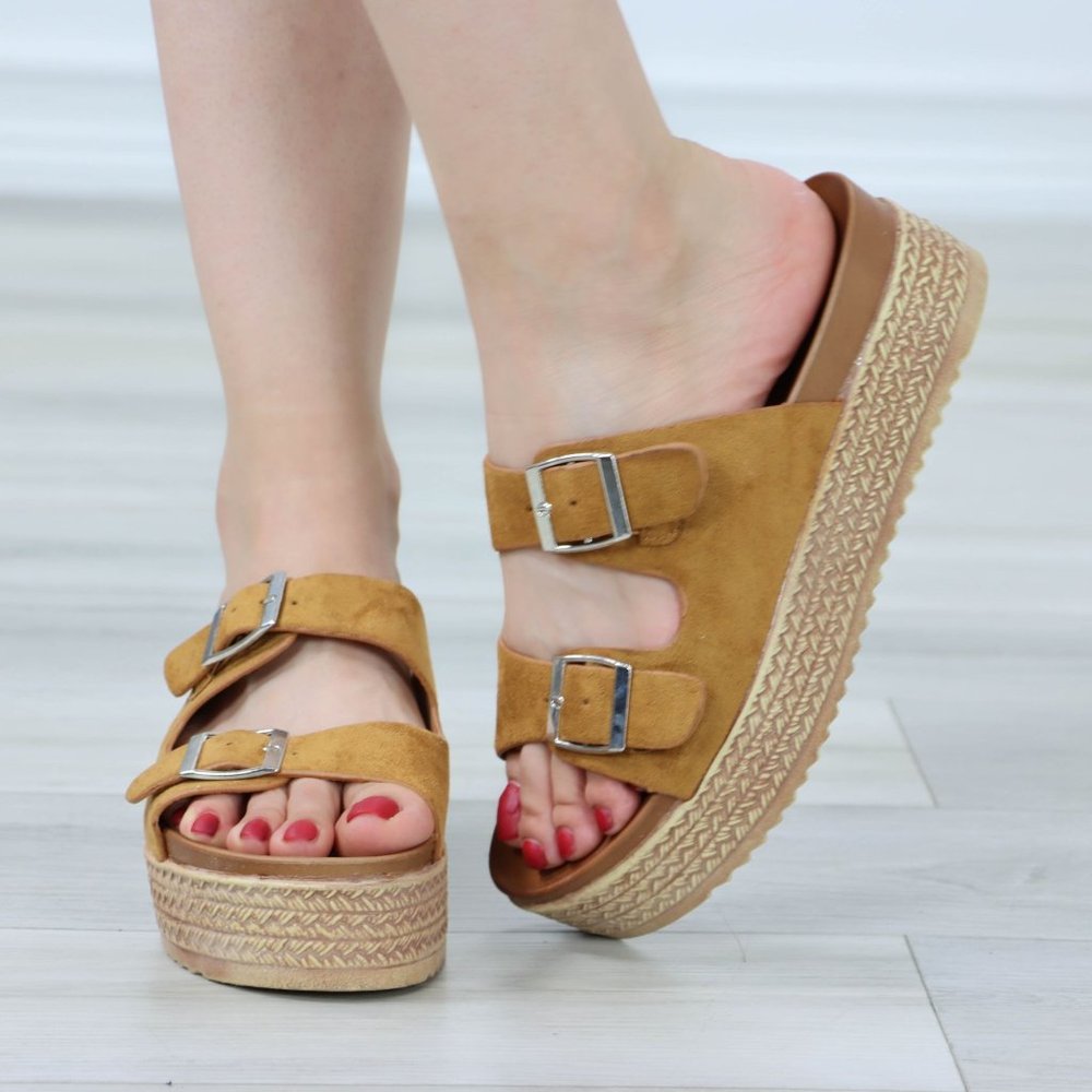 Suede Tan Double Straps Comfort Platform Sandal Slip On Sliders - Picture 9 of 13